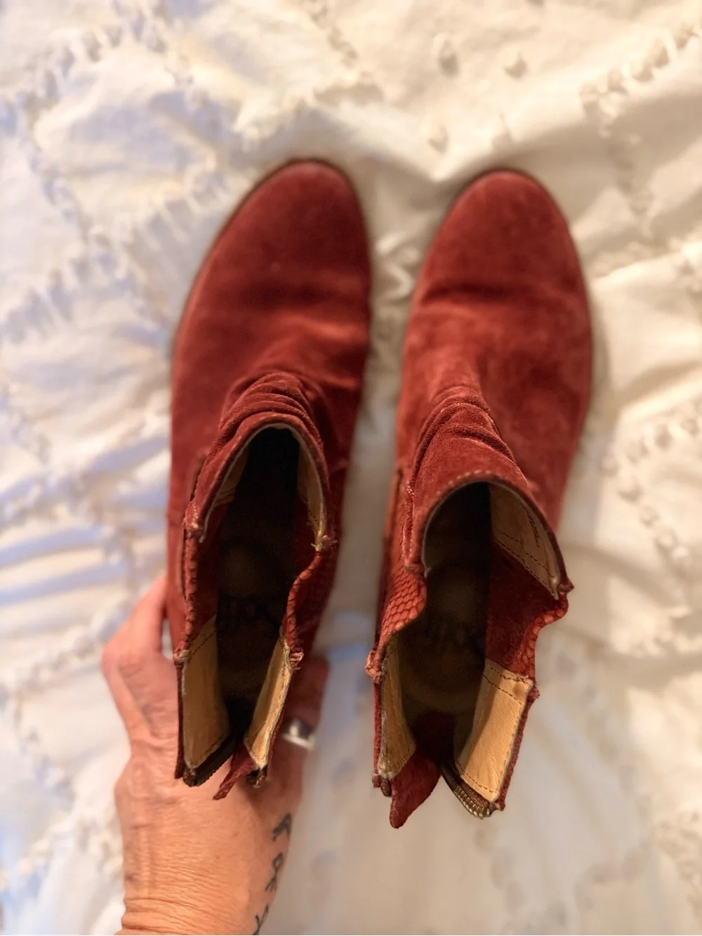 Sofft Burgundy Suede Ankle Booties with Stacked Heel